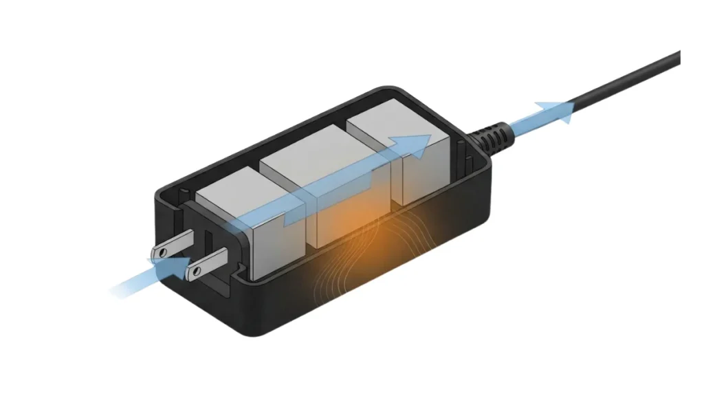 Engineering cutaway view of an AC-DC power adapter showing energy flow and heat dissipation during the power conversion stage to explain the importance of efficiency.