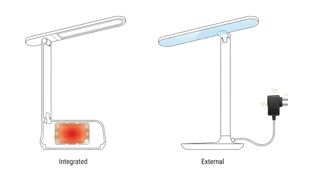 A technical comparison diagram illustrating the thermal and space advantages of external AC-DC adapters versus integrated power solutions in slim LED fixtures.