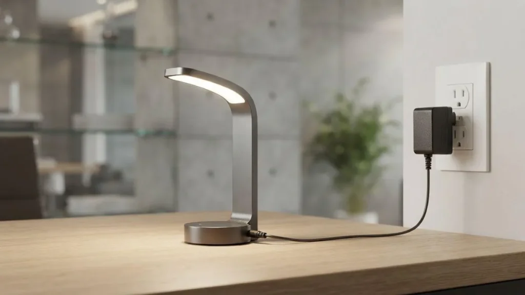 A sleek LED desk lamp powered by a wall-mount AC-DC adapter, demonstrating clean installation and minimalist product design.