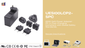 Compact 100W GaN power supply supporting USB PD fast charging, 5-stage output, and full EMC compliance. Designed for medical and industrial applications.
